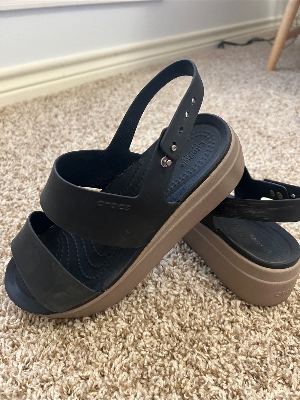Crocs Black Platform Slide Sandals with Brown Sole